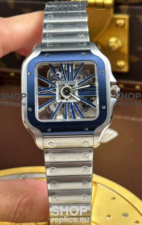 Santos De Cartier Super Clone Watch in Skeleton Dial Brushed Steel Casing Watch 