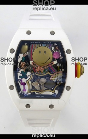 Richard Mille Super Clone RM088 Smiley Tourbillon White Ceramic Rubber Strap Watch 