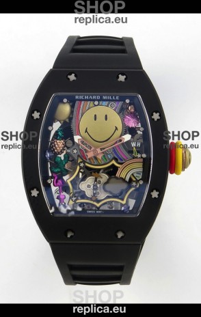 Richard Mille Super Clone RM088 Smiley Tourbillon Black Ceramic Rubber Strap Watch 