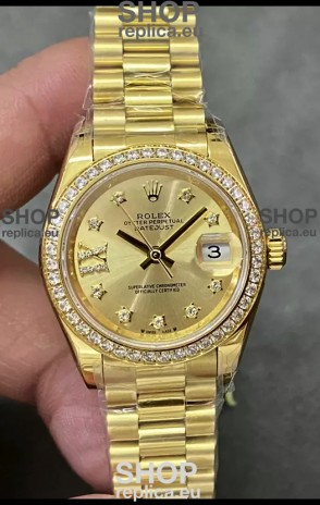 Rolex Datejust Super Clone Gold Dial Yellow Gold Casing Watch 28MM