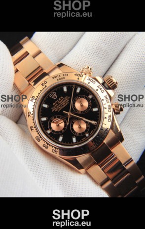 Rolex Daytona Japanese Movement Gold Casing Replica Watch in Black Dial