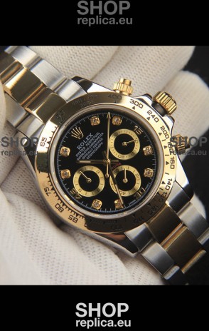 Rolex Daytona Japanese Movement Two Tone Gold Casing Watch in Black Dial 