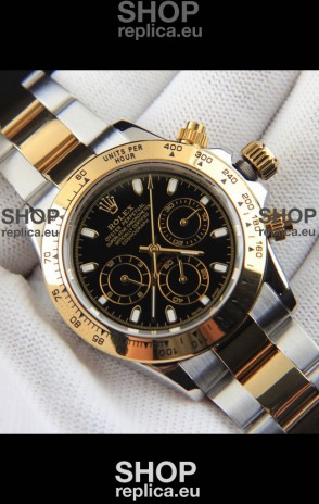 Rolex Daytona Japanese Movement Two Tone Gold Casing Watch in Black Dial 
