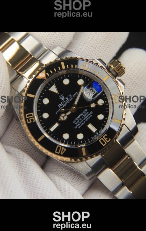 Rolex Submariner Japanese Replica Watch 904L 2 Tone Yellow Gold - Ceramic Bezel in Black
