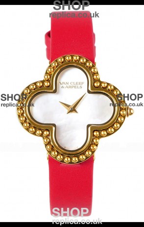 Van Cleef & Arpels Alhambra Yellow Gold Red Strap Watch 