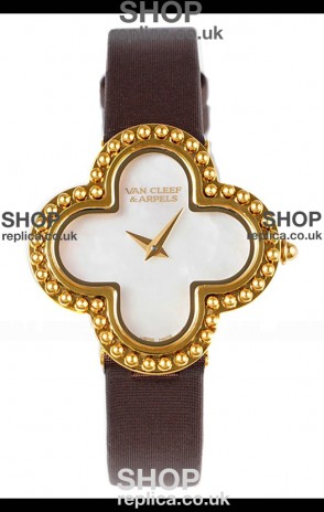 Van Cleef & Arpels Alhambra Yellow Gold Brown Strap Watch 