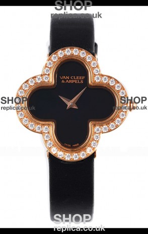 Van Cleef & Arpels Alhambra Rose Gold Diamonds Bezel Black Strap Watch 