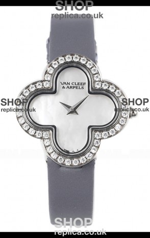 Van Cleef & Arpels Alhambra Stainless Steel Diamonds Bezel Grey Strap Watch 