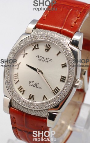 Rolex Cellini Cestello Ladies Swiss Watch in Silver Face Diamonds Bezel and Lugs