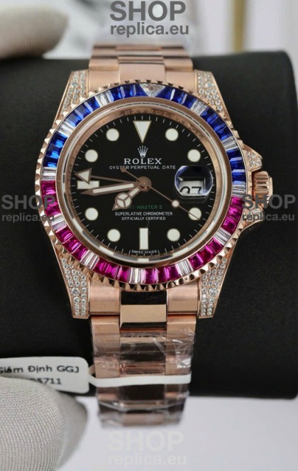 Rolex GMT Masters Super Clone Diamonds Swiss watch with Rose Gold 904L Case - 1:1 Mirror Quality