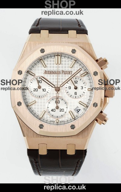 Royal Oak Chrono 26240 Rose Gold White Dial Leather Strap Super Clone Watch 