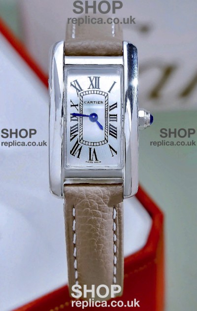 Cartier Tank Americaine Steel 19.4MM Beige Strap Swiss Quartz Watch 