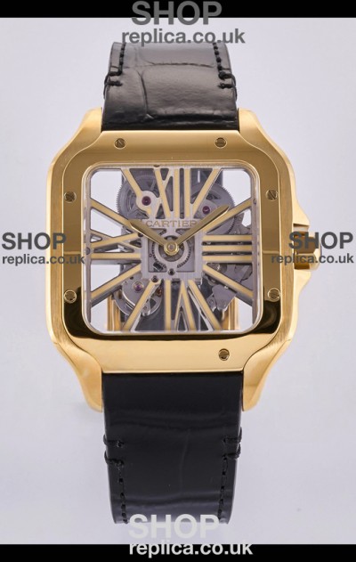 Santos De Cartier Super Clone Watch in Skeleton Dial Rose Yellow Case