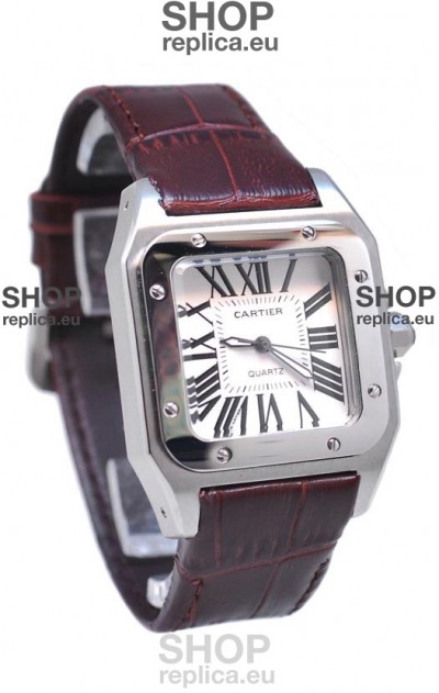 Cartier Santos 100 Japanese Ladies Replica Watch in Brown Strap