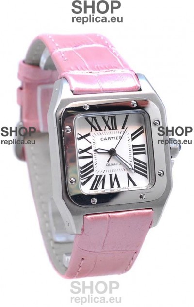 Cartier Santos 100 Japanese Ladies Replica Watch in Pink Leather Strap