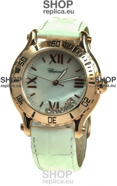 Chopard Happy Sport Diamonds Edition Replica Gold Watch in White Strap