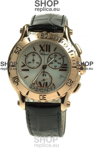 Chopard Happy Sport Diamonds Edition Replica Gold Watch in Black Strap