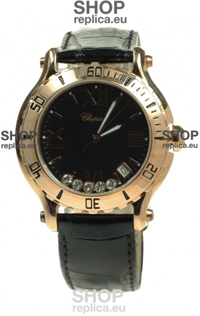 Chopard Happy Sport Diamonds Edition Replica Gold Watch in Black Strap