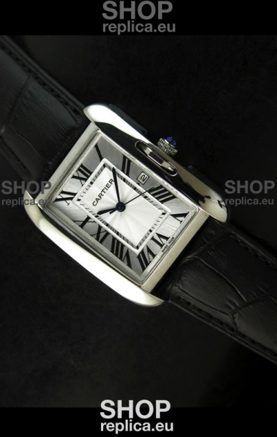 Cartier Tank Ladies Replica Watch in Steel Case/Black Strap