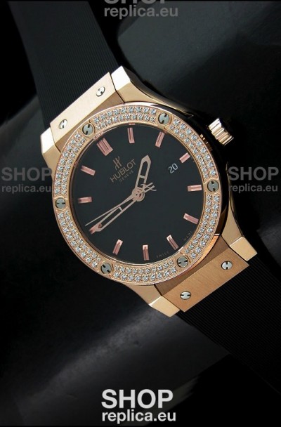 Hublot Fusion Bang Swiss Watch in Rose Gold Case Diamonds Bezel