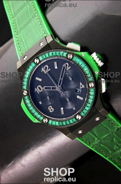 Hublot Big Bang All Black Edition in Green Strap and Baguette Diamonds Bezel