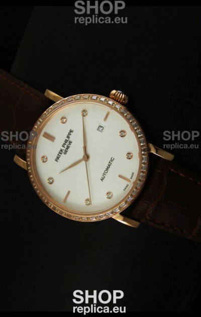 Patek Philippe Calatrava 5298 Swiss Replica Watch in Pink Gold Casing - Diamonds Hours