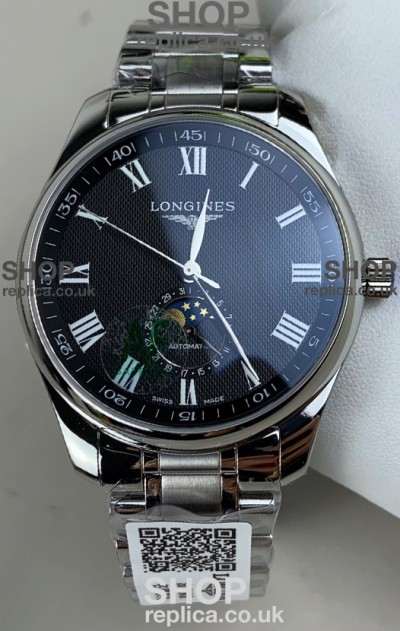Longines Master Automatic Moonphase Black Dial Steel Case Super Clone Watch 