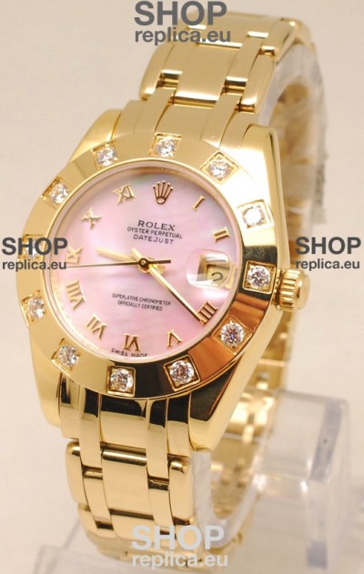 Rolex Datejust Pearlmaster Swiss Replica Gold Watch in Pink Pearl Dial -34MM