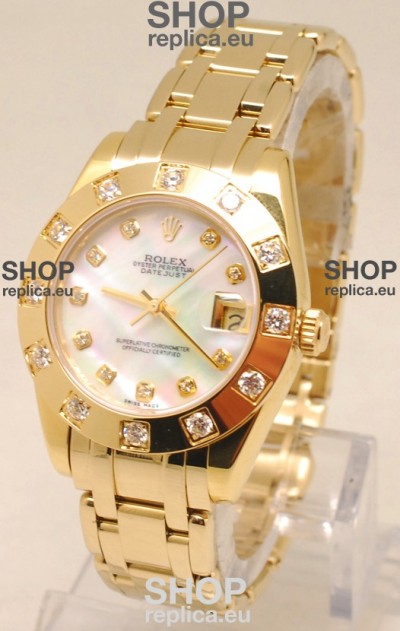 Rolex Datejust Pearlmaster Japanese Replica Gold Watch in White Pearl Dial -34MM