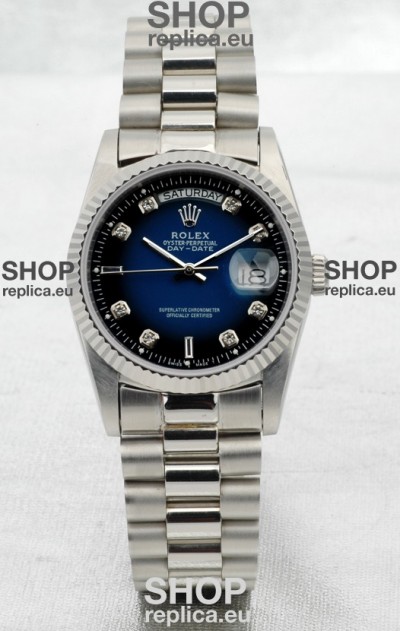 Rolex Day Date Silver Swiss Replica Watch in Blue Dial