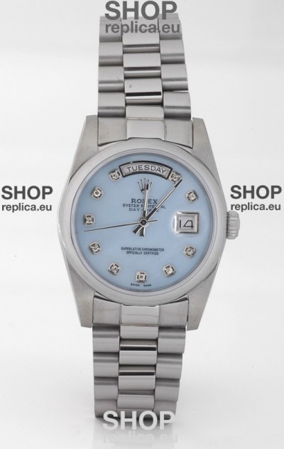 Rolex Day Date Silver Japanese Replica Watch in Mother Of Pearl Blue Dial