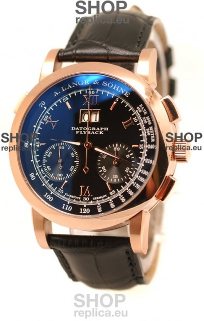A.Lange & Sohne Datograph Flyback Swiss Replica Rose Gold Watch in Black Dial