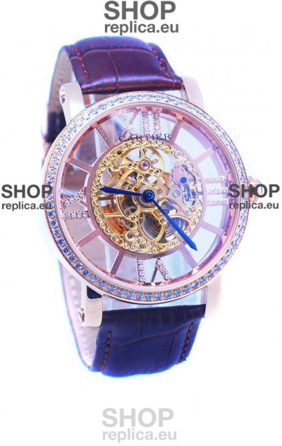 Ronde De Cartier Skeleton Rose Gold Japanese Watch in Diamond Bezel