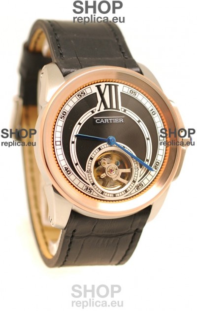 Calibre de Cartier Flying Tourbillon Japanese Replica Rose Gold Watch in Black Dial