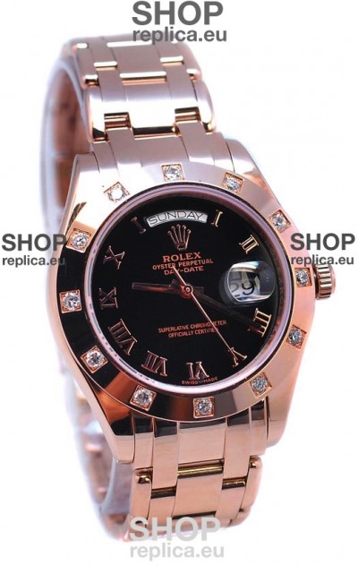 Rolex Day Date Rose Gold Japanese Replica Watch in Diamond Bezel
