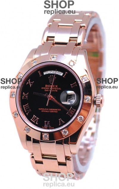 Rolex Day Date Rose Gold Swiss Replica Watch in Black Dial