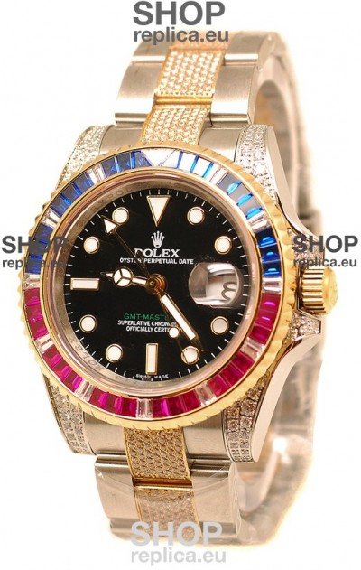 Rolex GMT Masters II 2011 Edition Swiss Replica Two Tone Watch with Diamonds Casing and Bezel