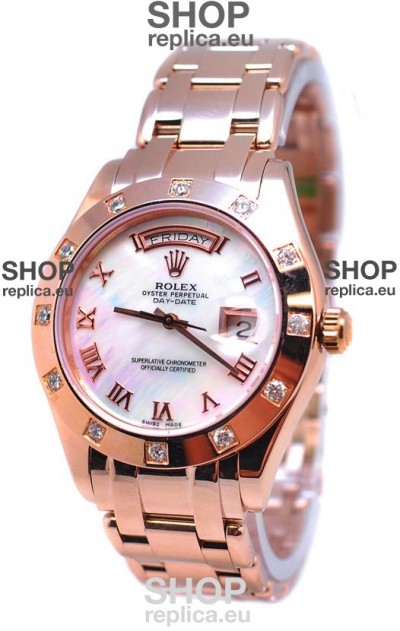 Rolex Day Date White Mother of Pearl Japanese Replica Watch in Roman Markers
