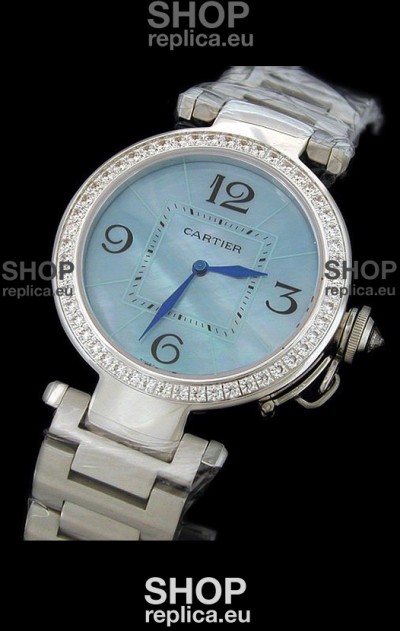 Cartier Pasha de Swiss Replica Automatic Watch in Light Blue Dial