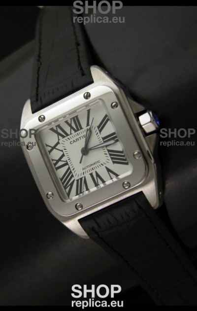 Cartier Santos in Swiss Replica Automatic Watch in Black Strap