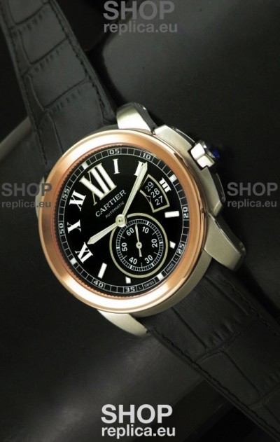 Cartier Calibre de Japanese Replica Rose Gold Watch in Leather Strap