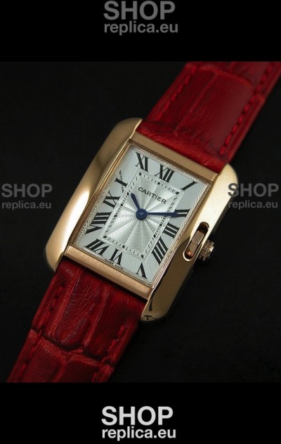 Cartier Louis Japanese Replica Ladies Rose Gold Watch in Red Strap
