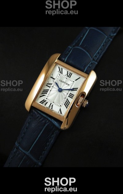 Cartier Louis Japanese Replica Ladies Rose Gold Watch in Blue Strap