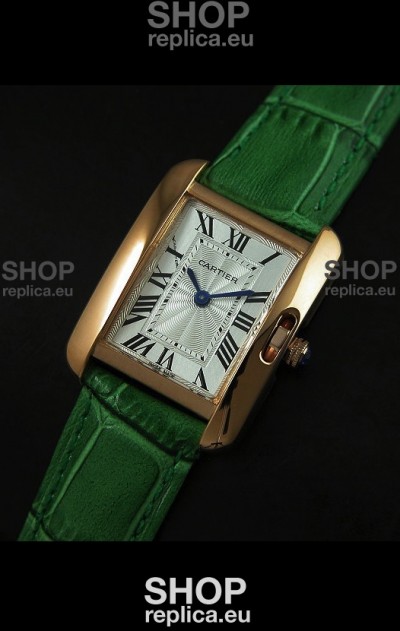 Cartier Louis Japanese Replica Ladies Rose Gold Watch in Green Strap