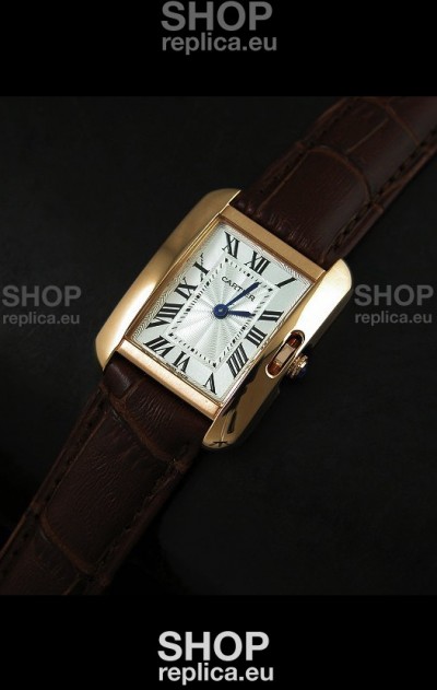 Cartier Louis Japanese Replica Ladies Rose Gold Watch in BrownStrap