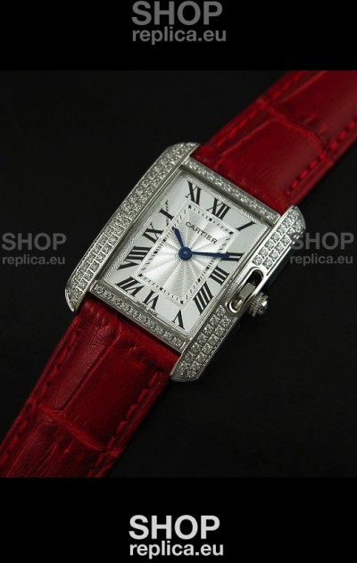 Cartier Louis Japanese Replica Ladies Diamond Watch in Red Strap
