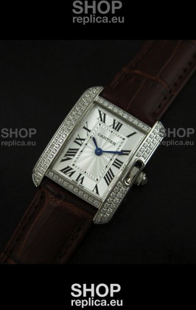 Cartier Louis Japanese Replica Ladies Diamond Watch in Brown Strap