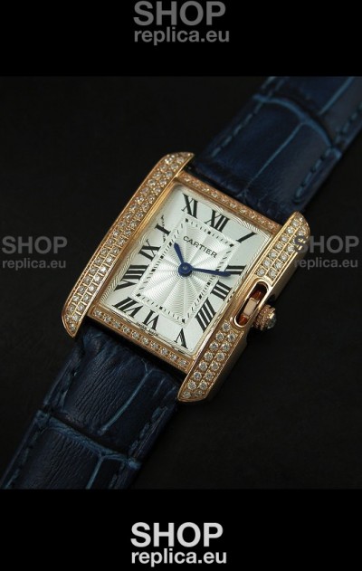 Cartier Louis Japanese Replica Ladies Rose Gold Diamond Watch in Blue Strap