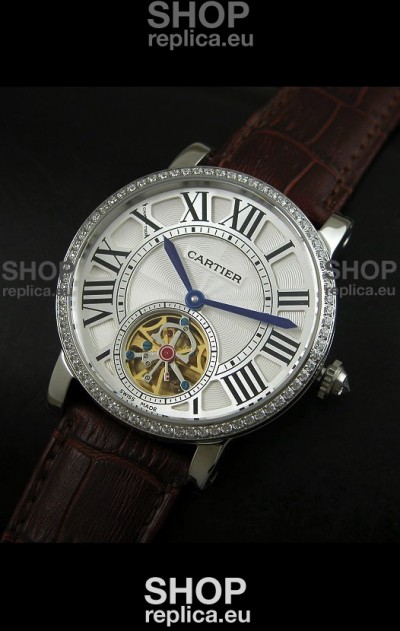 Cartier Ronde de Tourbillon Japanese Replica Diamond Watch in Brown Strap