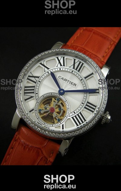 Cartier Ronde de Tourbillon Japanese Replica Diamond Watch in Brown Strap